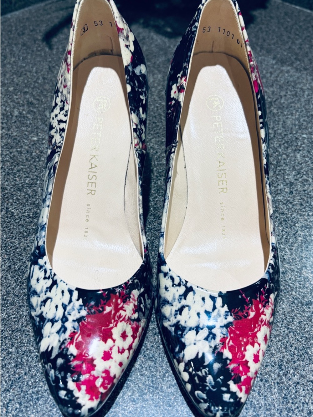 Peter Kaiser Floral Patent Pumps in Navy, Cream & Pink Size 5.5